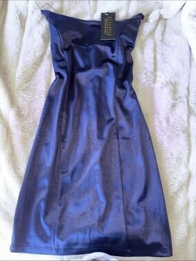 Revamped Strapless Shimmer Royal Blue Satin Mini Dress